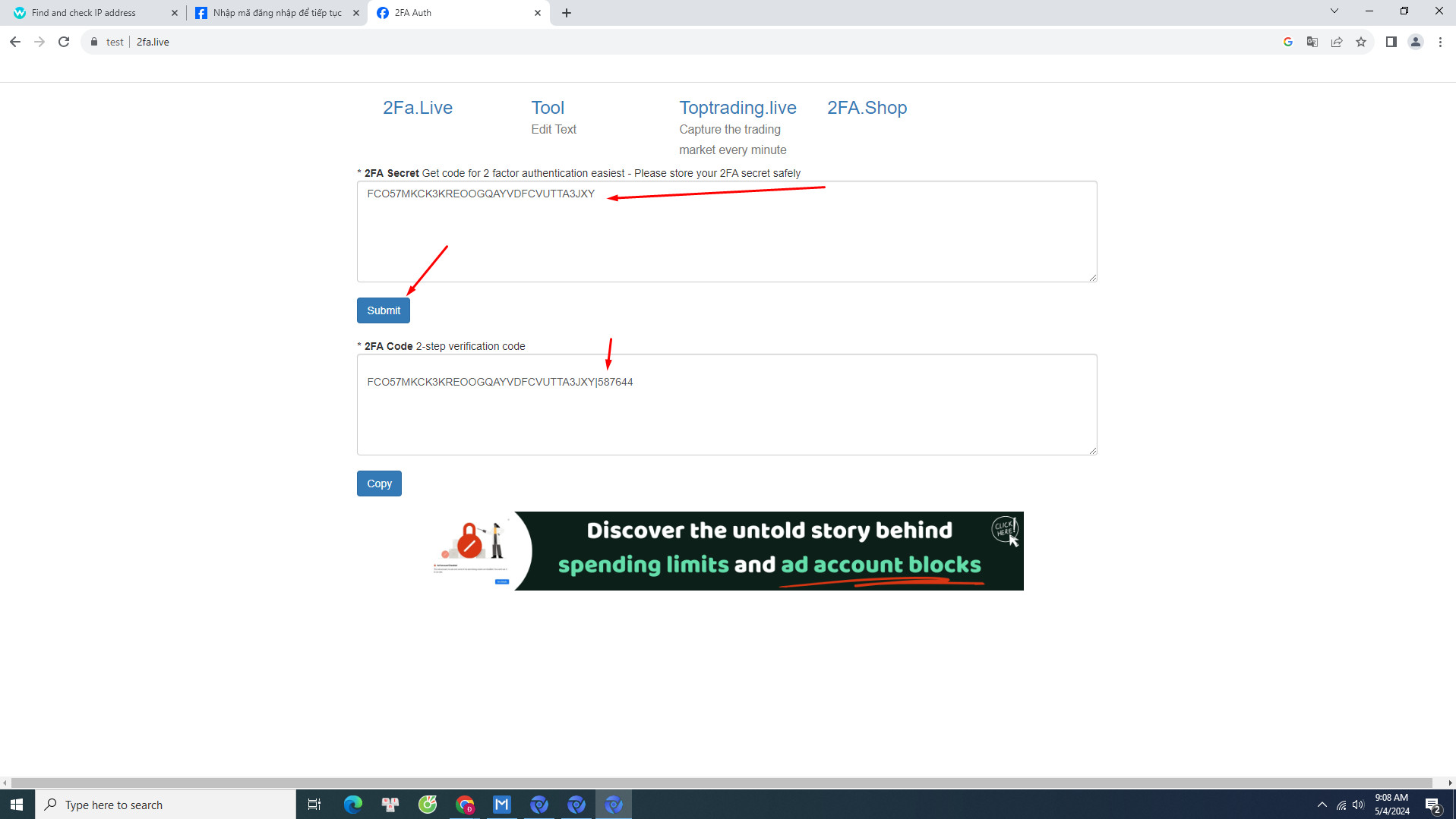 Dán mã vào web 2fa.live để lấy mã đăng nhập