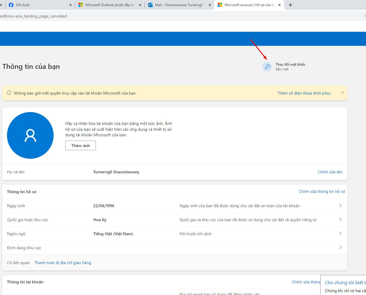 Giao diện thay đổi mật khẩu hotmail