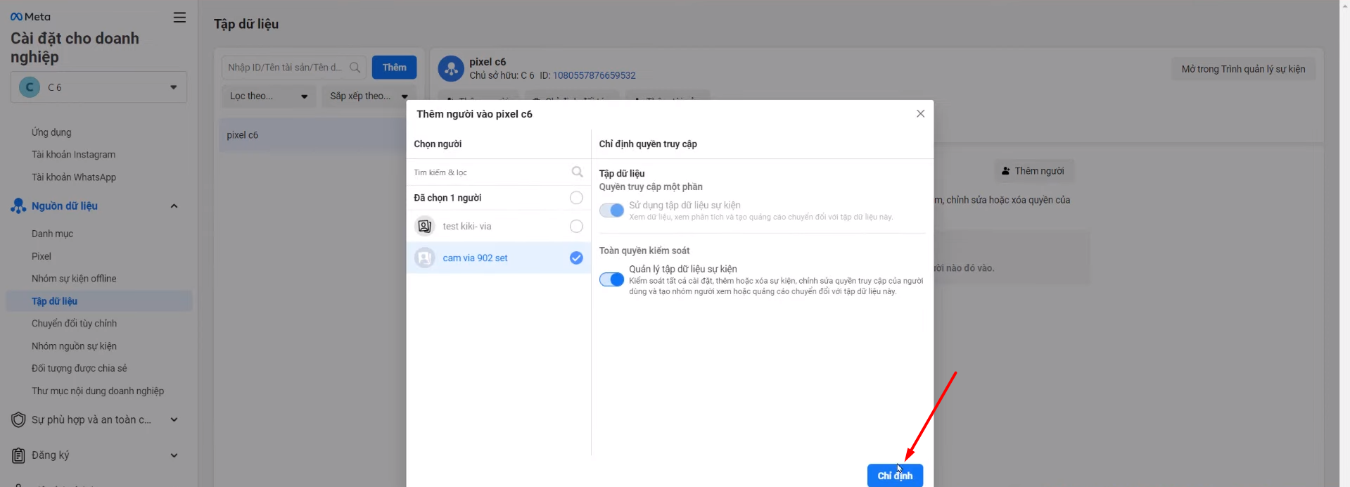 Chọn chỉ định để gắn pixel vào landipage