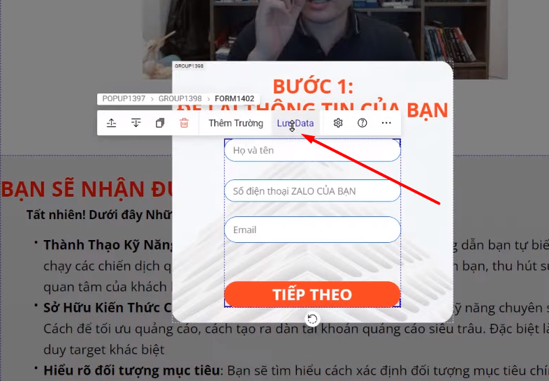Chọn Lưu data ở form đăng ký