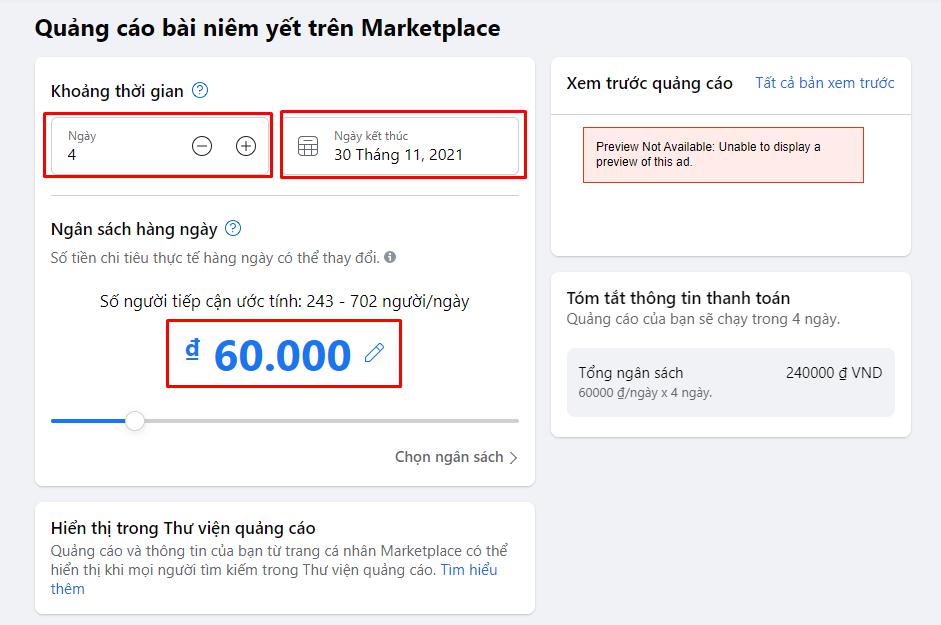 Hướng Dẫn Chạy Quảng Cáo Marketplace Trên Facebook Đơn giản dễ hiểu Dat ngan sach va thoi gian quang cao