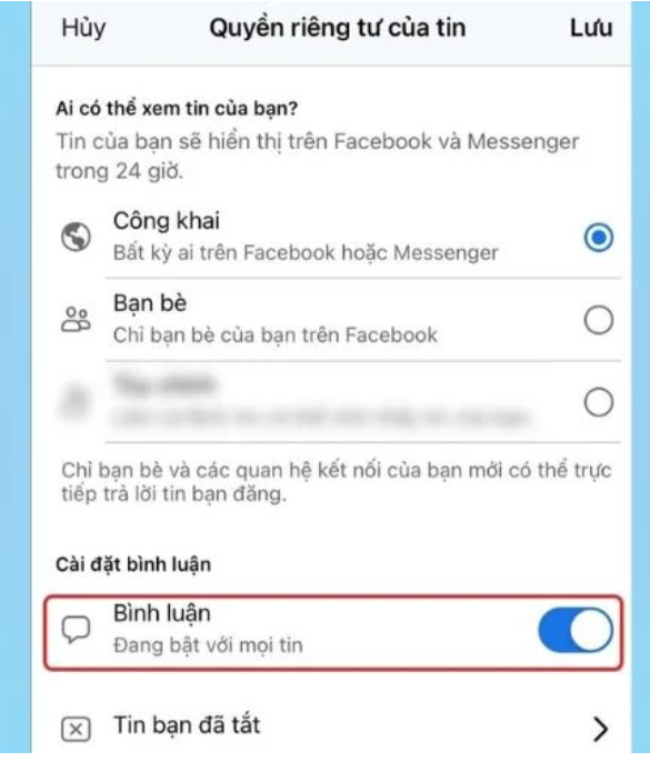 bat binh luan story facebook