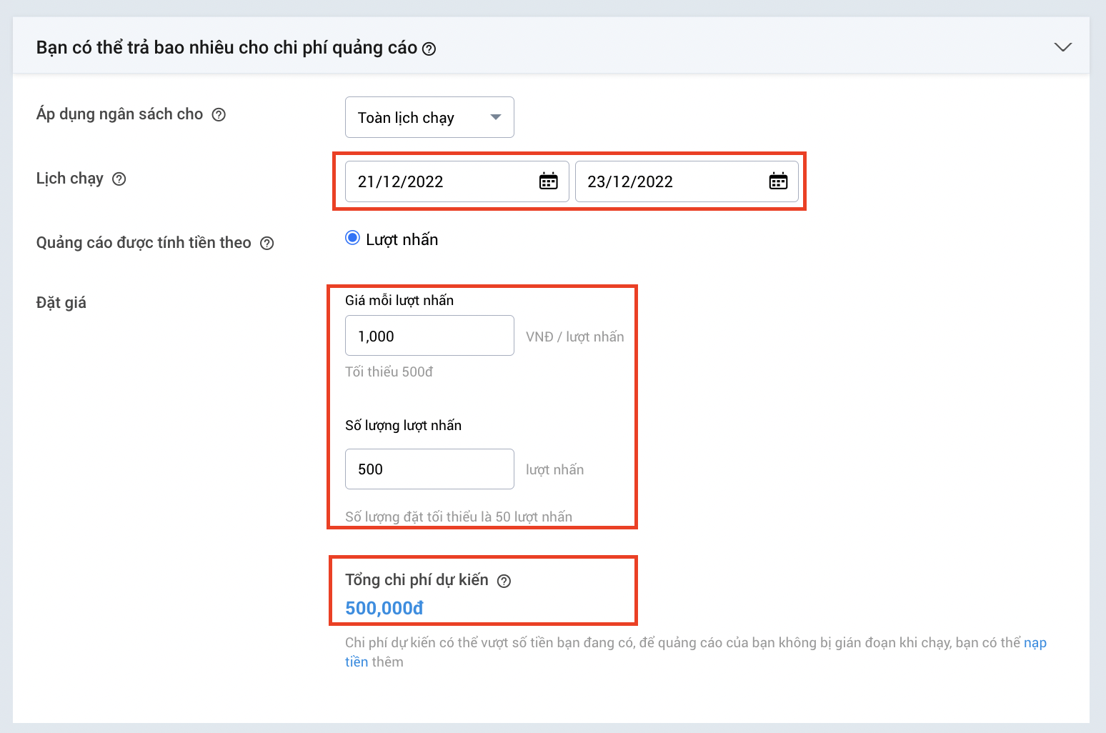 ngan sach va thoi gian zalo ads