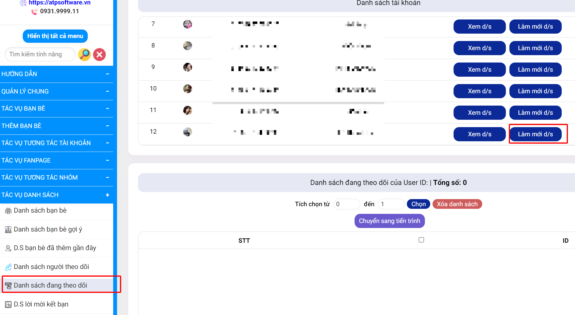 quet danh sach dang theo doi