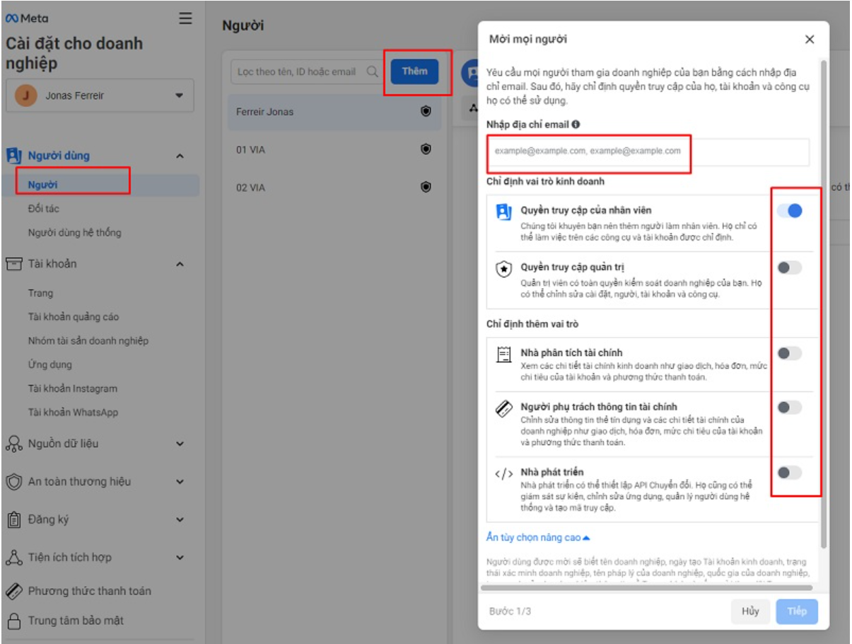 Cách chia sẻ tài khoản quảng cáo Facebook với người khác an toàn nhất Chon vai tro cho tai khoan them moi
