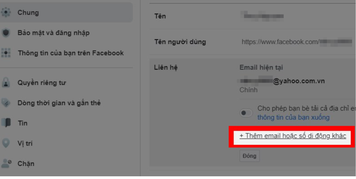 Them email hoac so dien thoai di dong khac