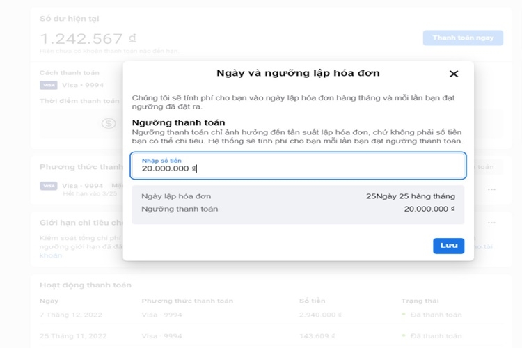 Các ngưỡng thanh toán facebook mới nhất mà newbie cần ghi nhớ lập các ngưỡng thanh toán facebook