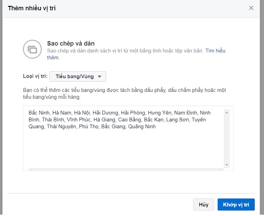 thêm thành phố muốn target quảng cáo