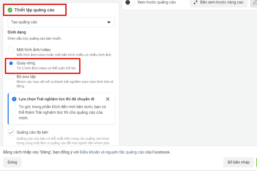 Hướng dẫn chạy quảng cáo Carousel trên Facebook cho những ai chưa biết chon vao Quay vong va tiep tuc chon Them the