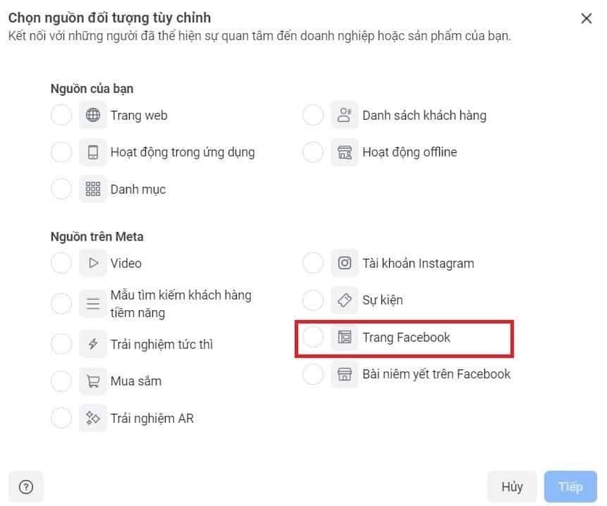 chọn nguồn để tạo Lookalike Facebook