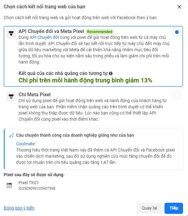chọn cách kết nối dữ liệu khi tạo Pixel Facebook 