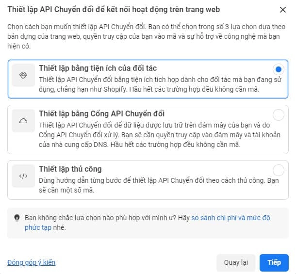 thiết laapk APi khi tạo Pixel Facebook