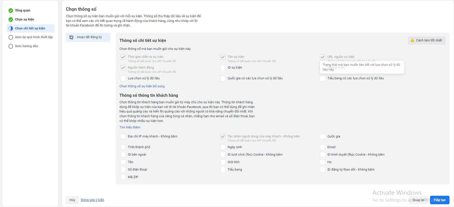 chỉnh sửa thông số khách hàng khi tạo Pixel Facebook