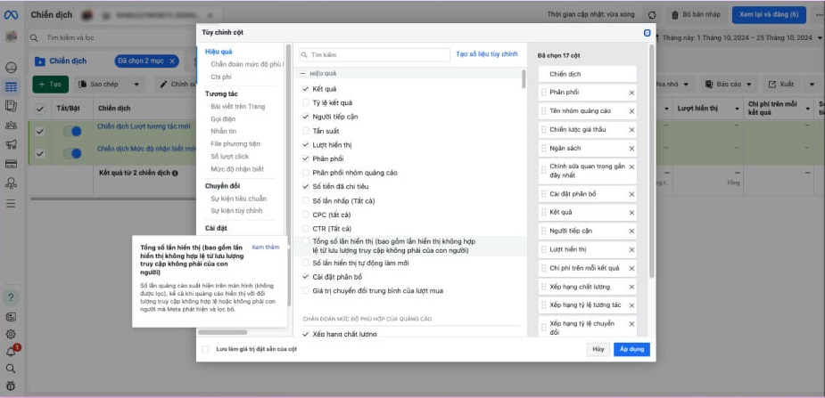 Hướng dẫn sử dụng Trình quản lý quảng cáo trên Facebook bộ lọc thông kê theo cột của trình quản lý quảng cáo trên facebook