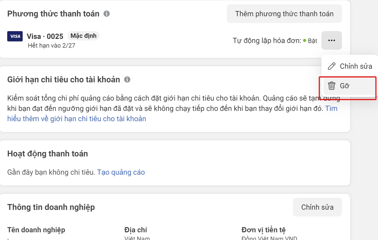 Hướng dẫn gỡ thẻ visa quảng cáo facebook khi gặp sự cố gỡ thẻ visa quảng cáo Facebook