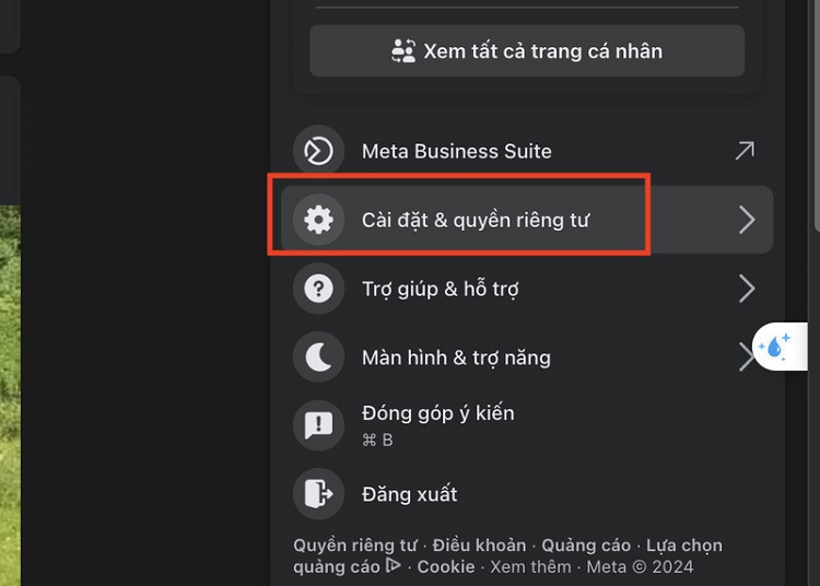 vào mục cài đặt và quyền riêng tư