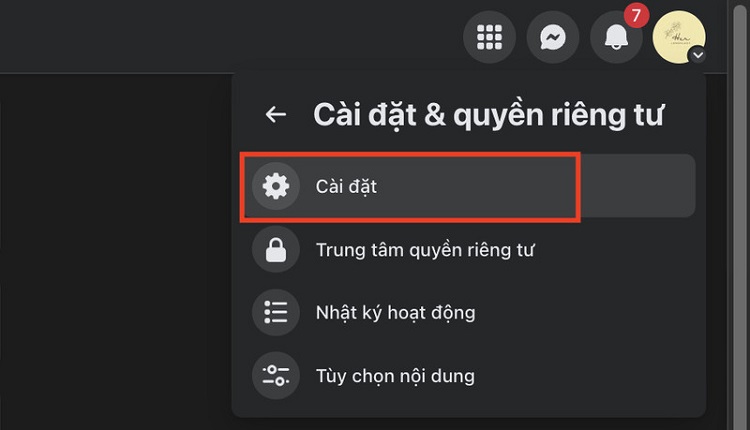 chọn cài đặt
