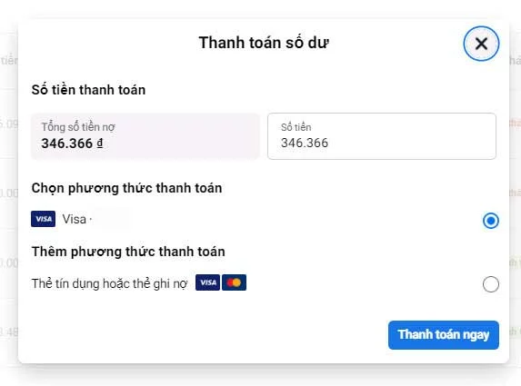 thanh toán Nợ tiền quảng cáo Facebook