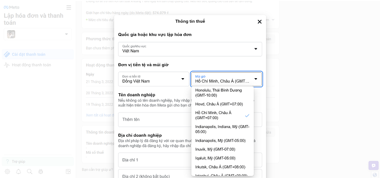 thay đổi múi giờ cho tài khoản quảng cáo