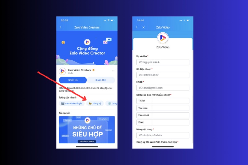 Điền thông tin đăng ký Zalo Video Creator