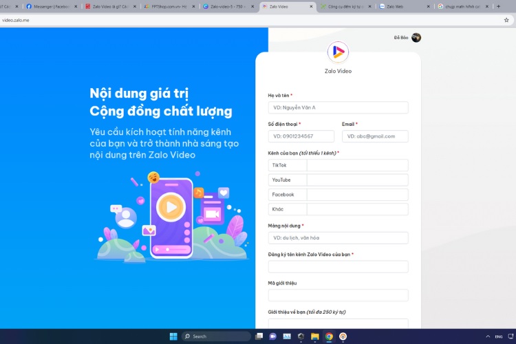 Điền thông tin đăng ký Zalo Video Creator