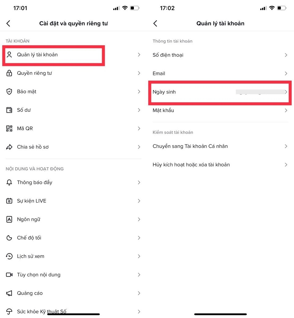 Hướng dẫn cách đổi ngày sinh trên TikTok siêu nhanh Chon Cai dat va quyen rieng tu ngay sinh