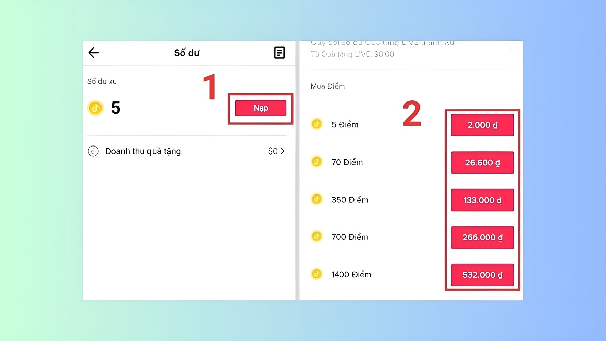 Nhan vao Nap de tien hanh nap xu TikTok