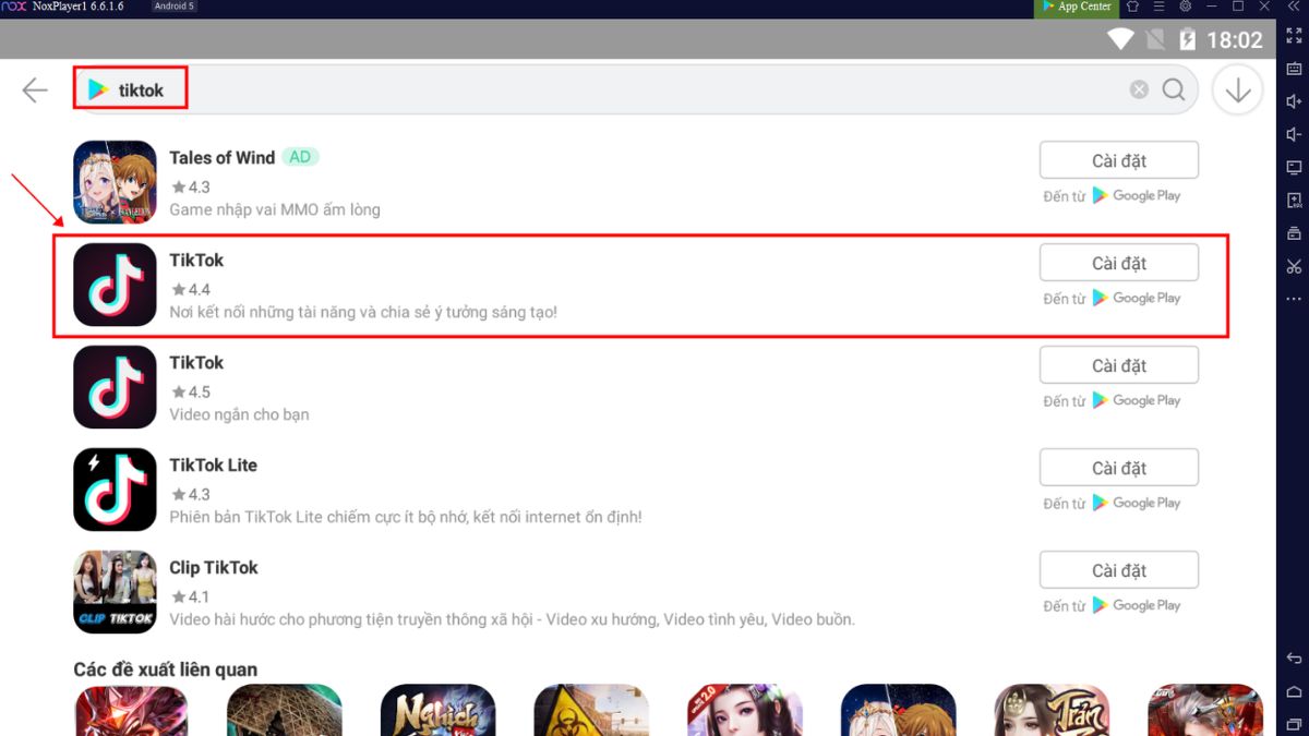 Tim chon ung dung TikTok roi bam nut cai dat