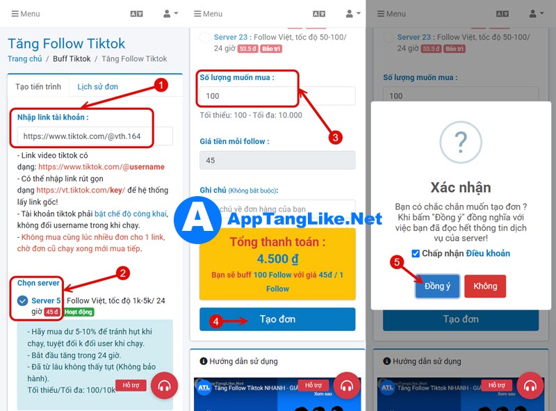 Các bước tạo đơn mua follow tiktok trên APPTANGLIKE
