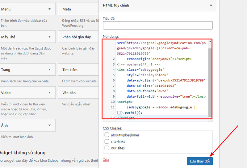 Tiếp theo bạn hãy nhúng đoạn code đã copy vào trong Widget