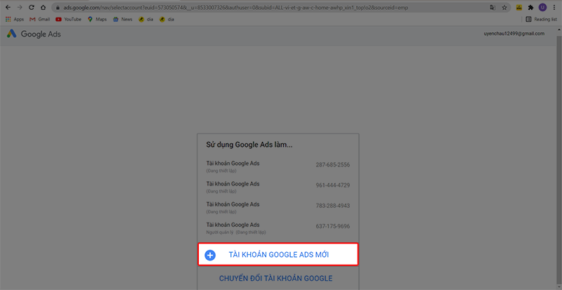 Nhan chon tao tai khoan Google Ads moi