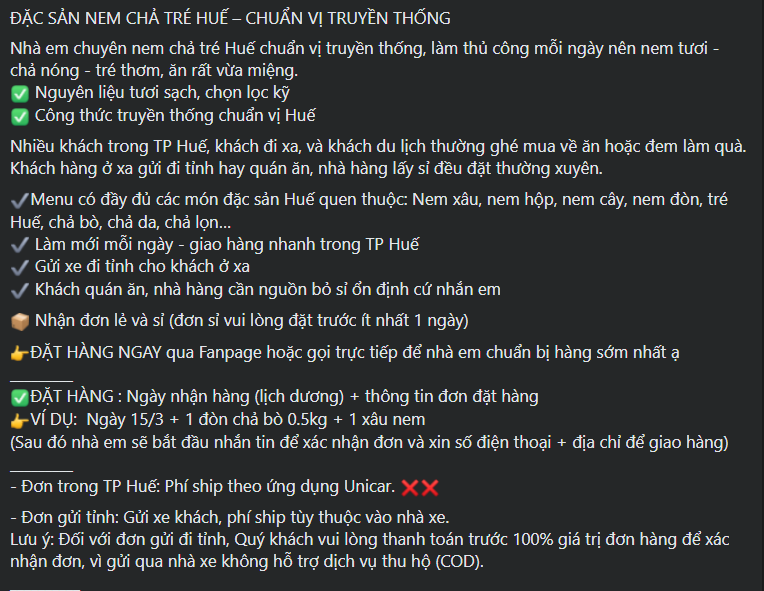 Mẫu content quảng cáo đặc sản Huế cho đối tượng khách xa quê, du lịch, làm quà,...