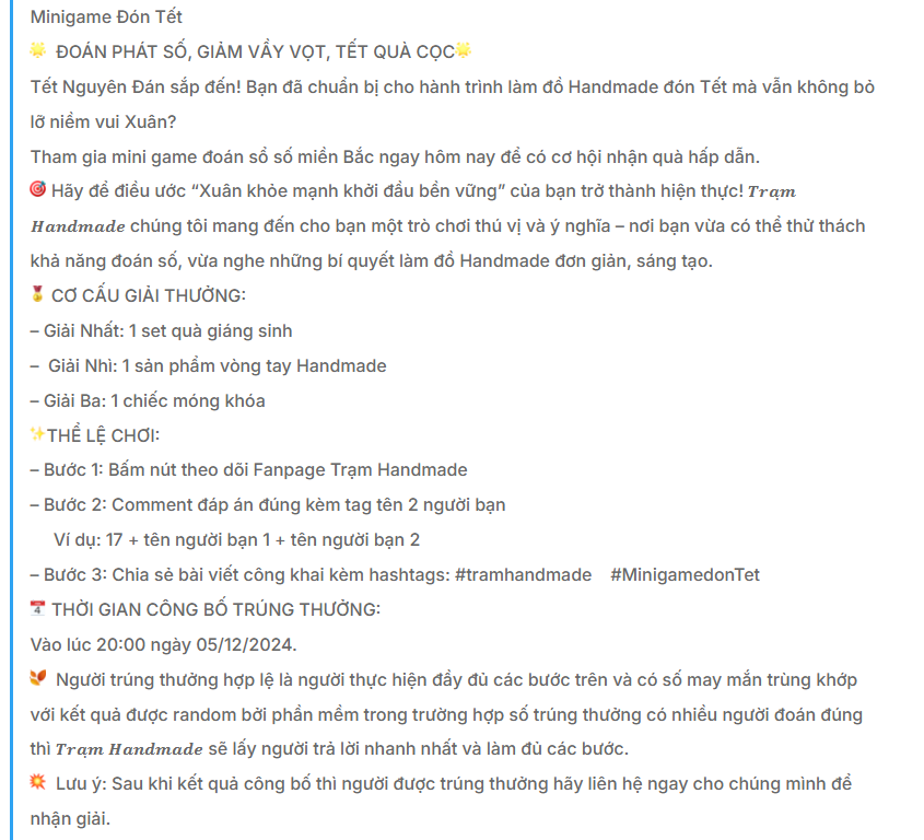 Mẫu content mini-game quảng cáo đồ handmade