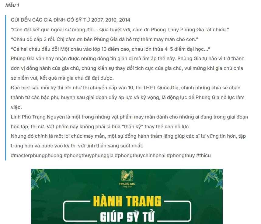 Mẫu content phong thủy dạng feedback khách hàng