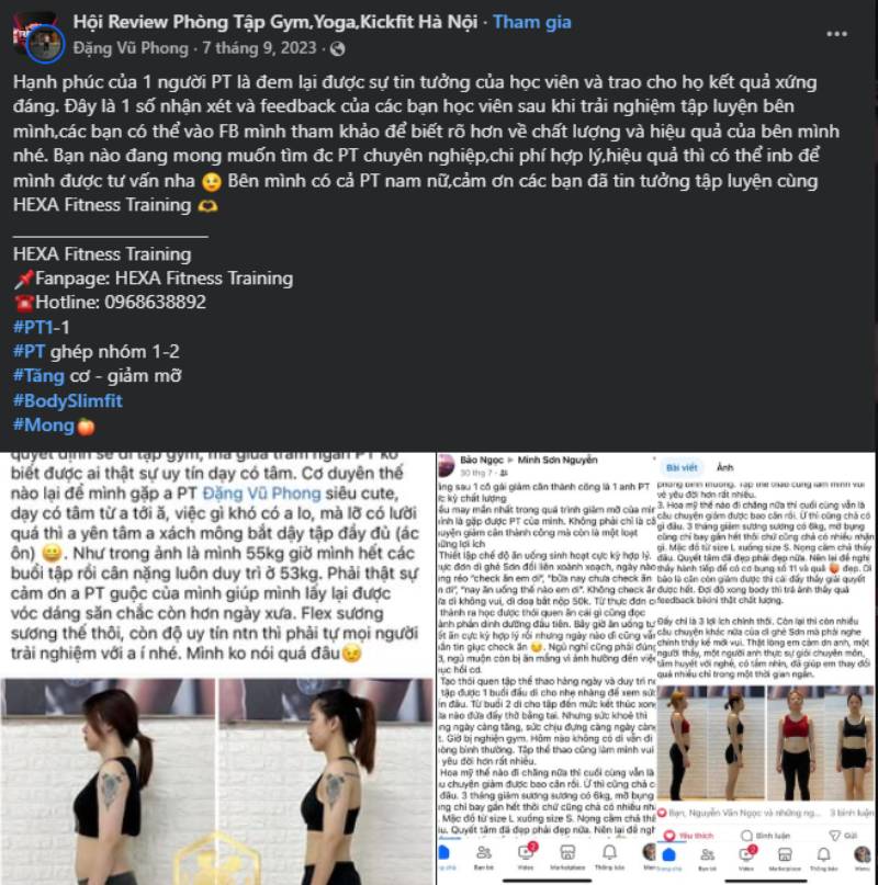 Mẫu content chia sẻ lại hành trình tập luyện học viên 