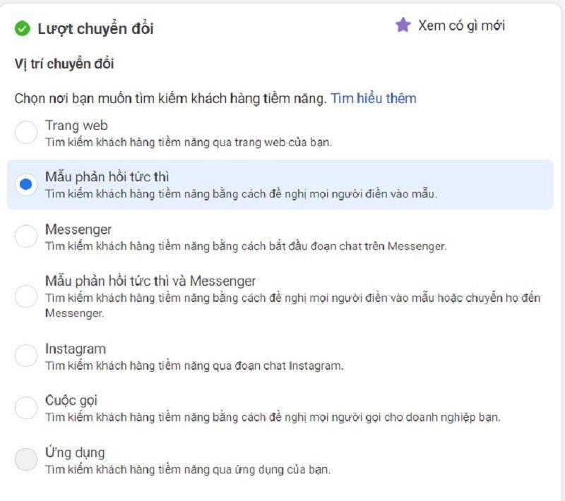Nếu bạn muốn lựa chọn form để khách hàng điền thông tin thì chọn Mẫu phản hồi tức thì