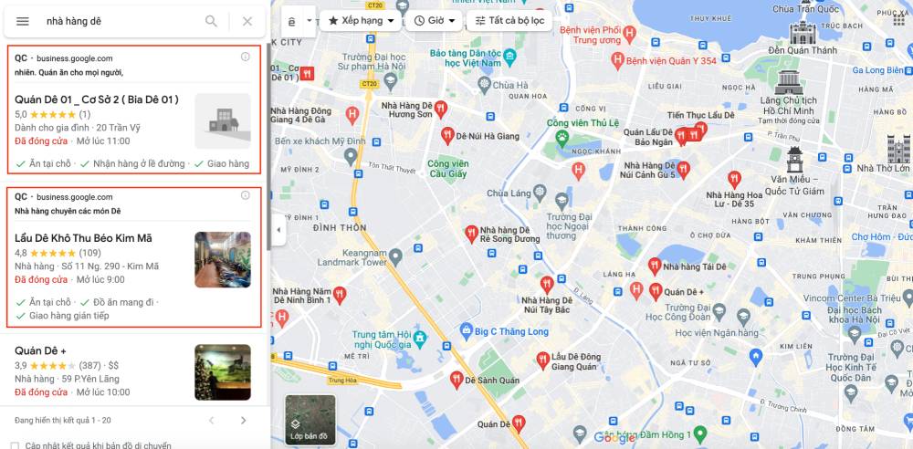 Google Maps - xuất hiện khi khách tìm quán gần