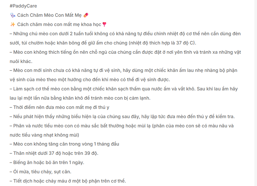 Mẫu content chia sẻ kiến thức, cách chăm mèo 