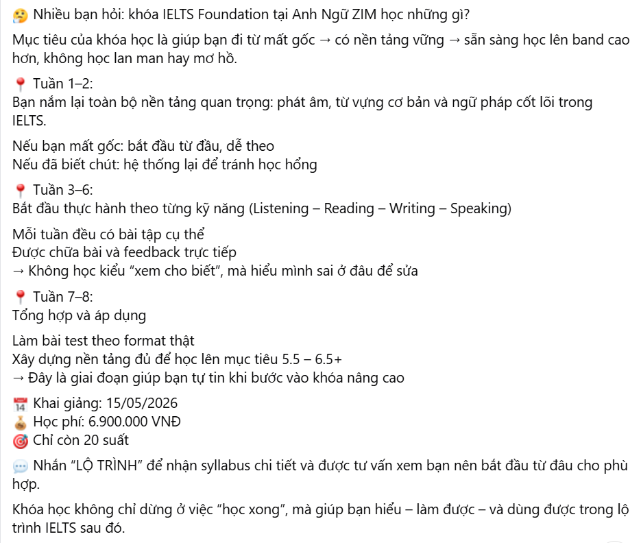 Mẫu bài viết giới thiệu lộ trình khóa học chi tiết