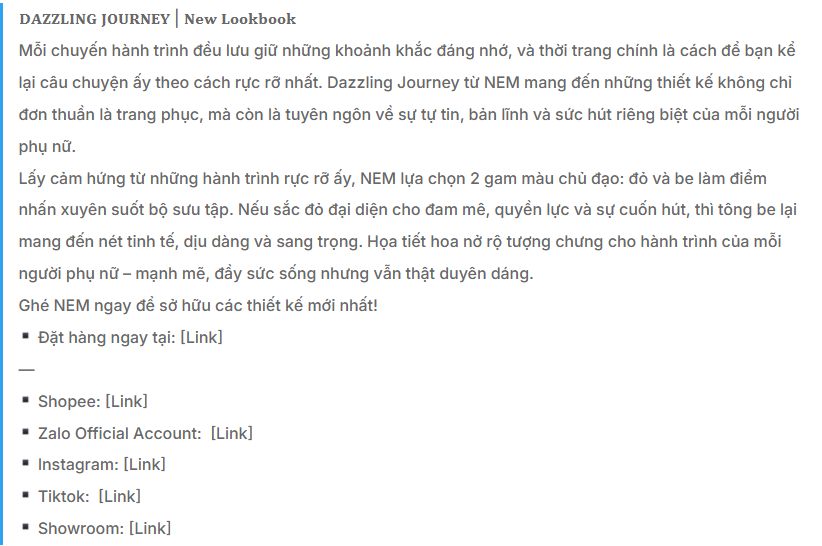 Mẫu content thời trang ra mắt bộ sưu tập mới (lookbook)