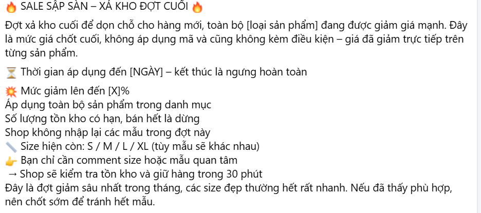 Mẫu content bán hàng thời trang dạng khuyến mãi, xả kho, sale sập sàn