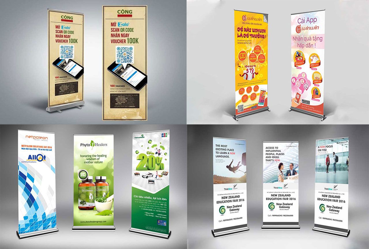 Banner là gì? Phân loại, kích thước chuẩn và nguyên tắc thiết kế hiệu quả 3 Banner cuốn hiện nay có 2 kích thước phổ biến là 60×160 cm và 80×200 cm