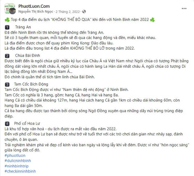 Mẫu content dạng top list các địa điểm du lịch
