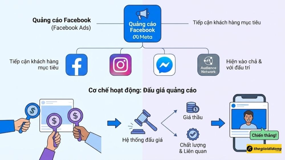 Facebook Ads hiển thị dựa trên sự kết hợp giữa mức giá thầu, chất lượng quảng cáo, và khả năng tương tác của người dùng