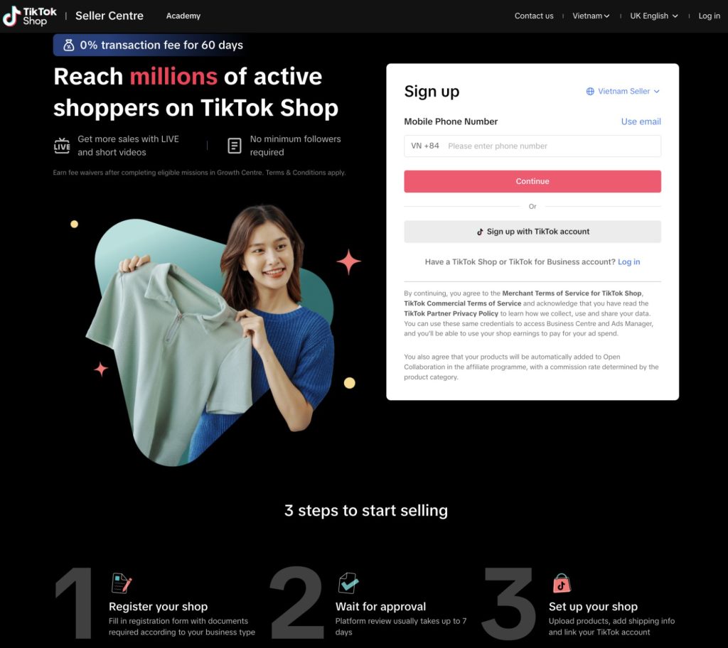 Cách bán hàng trên TikTok Shop hiệu quả từ A–Z 4 Đăng ký TikTok Shop bằng số điện thoại hoặc email