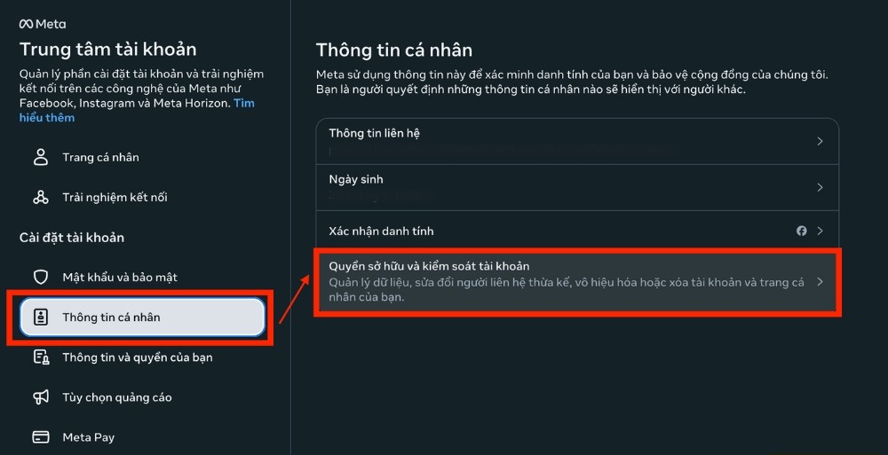 Thông tin cá nhân > Quyền sở hữu và kiểm soát tài khoản