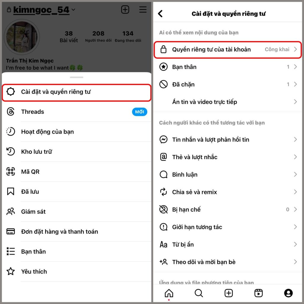 Chọn "Quyền riêng tư tài khoản"