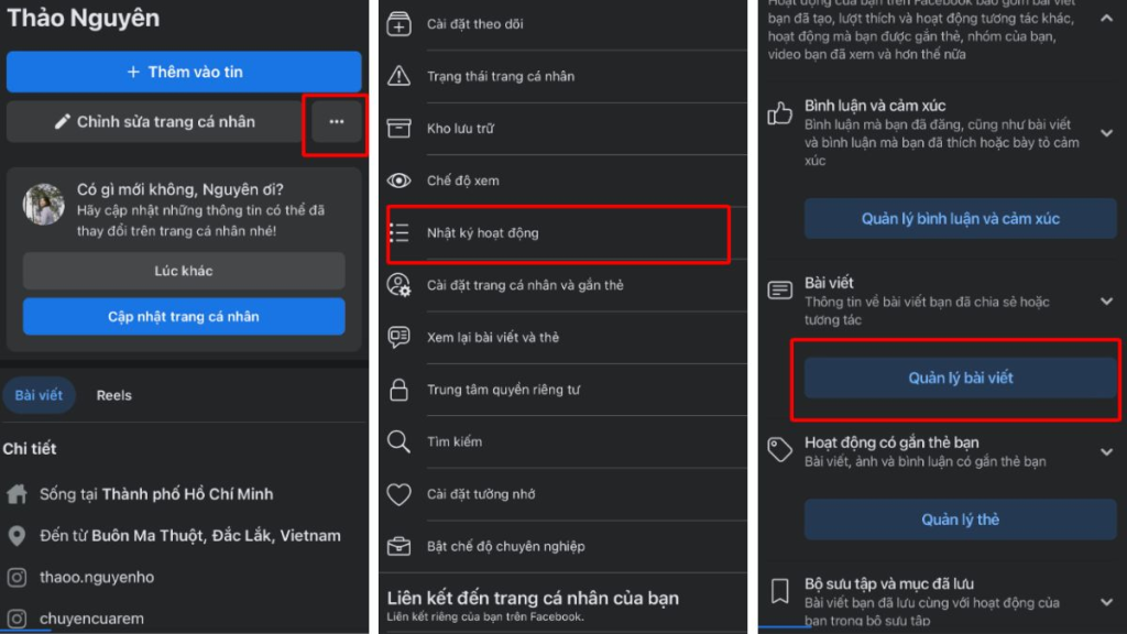 Xóa bài viết thông qua Nhật ký hoạt động (điện thoại và máy tính)