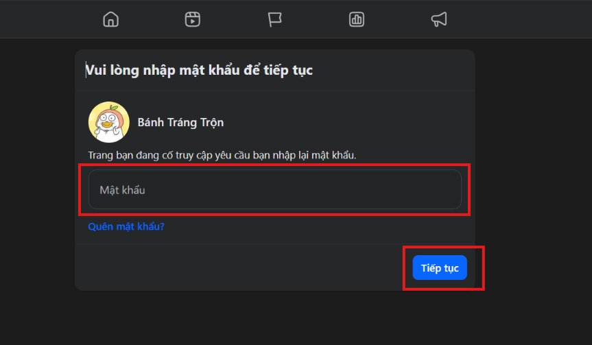 Nhập mật khẩu để hoàn tất Vô hiệu hóa Fanpage