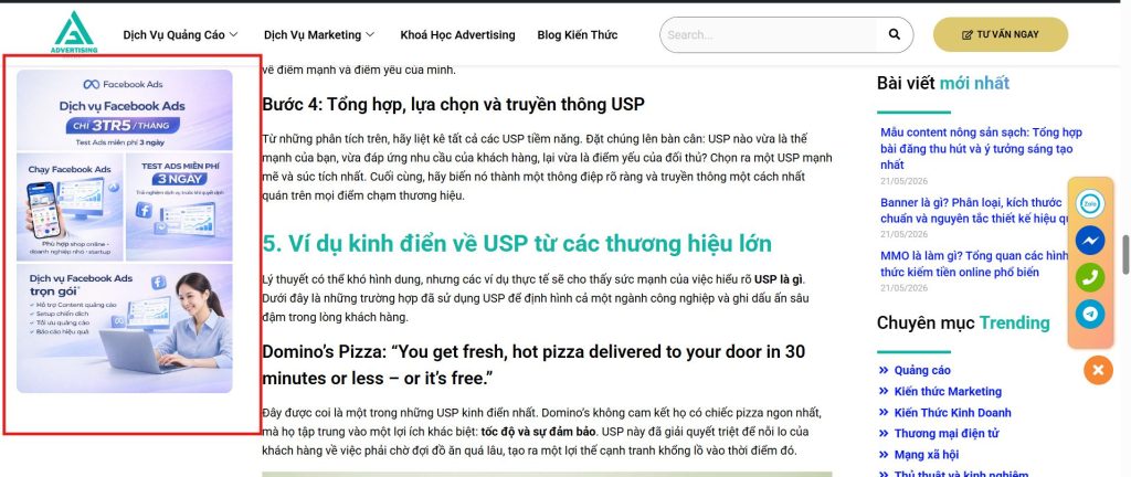 CTA dạng Banner hiển thị trong suốt quá trình khách hàng đọc nội dung